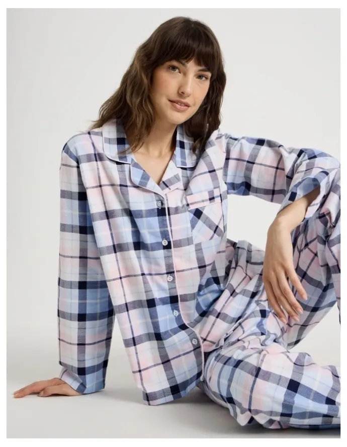 Soho Flannelette Pyjama Set in Navy & Light Pink Check Print