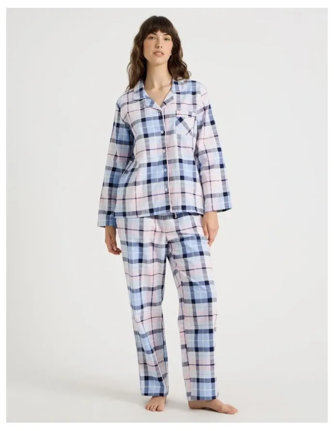Soho Flannelette Pyjama Set in Navy & Light Pink Check Print