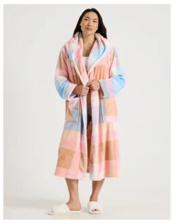Soho Fleece Hooded Robe in Blue Check Print
