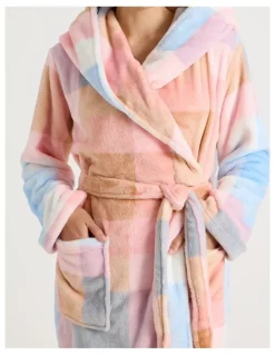 Soho Fleece Hooded Robe in Blue Check Print