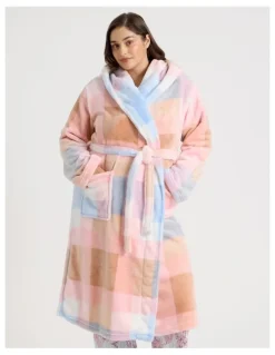 Soho Fleece Hooded Robe in Blue Check Print