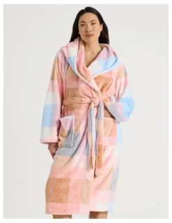 Soho Fleece Hooded Robe in Blue Check Print