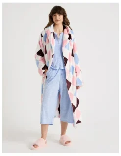 Soho Fleece Hooded Robe in Pink Argyle Print