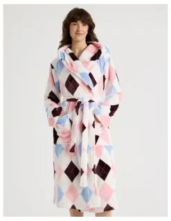 Soho Fleece Hooded Robe in Pink Argyle Print