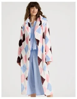Soho Fleece Hooded Robe in Pink Argyle Print