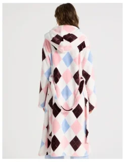 Soho Fleece Hooded Robe in Pink Argyle Print