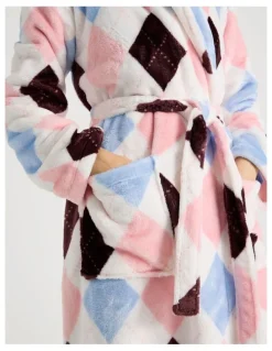 Soho Fleece Hooded Robe in Pink Argyle Print