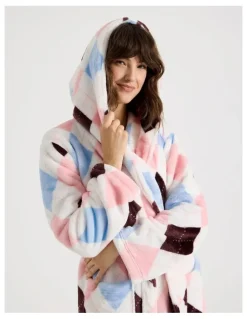 Soho Fleece Hooded Robe in Pink Argyle Print