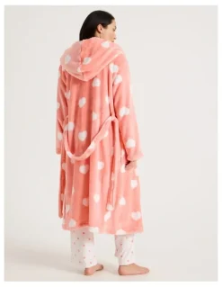Soho Fleece Hooded Robe in Peach Hearts Print