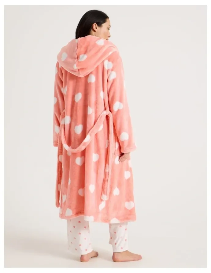 Soho Fleece Hooded Robe in Peach Hearts Print