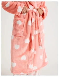 Soho Fleece Hooded Robe in Peach Hearts Print