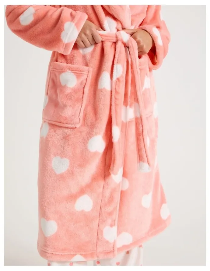Soho Fleece Hooded Robe in Peach Hearts Print