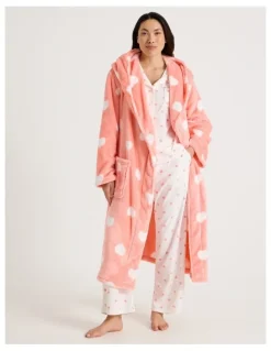 Soho Fleece Hooded Robe in Peach Hearts Print