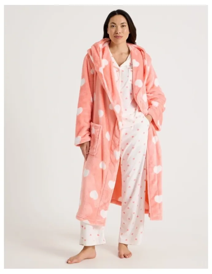 Soho Fleece Hooded Robe in Peach Hearts Print