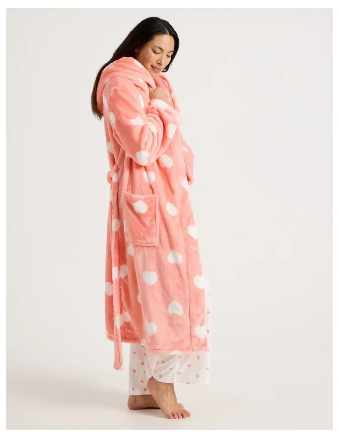 Soho Fleece Hooded Robe in Peach Hearts Print