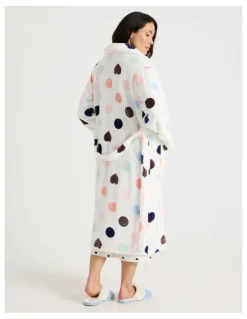 Soho Long Fleece Robe in White Spot Print