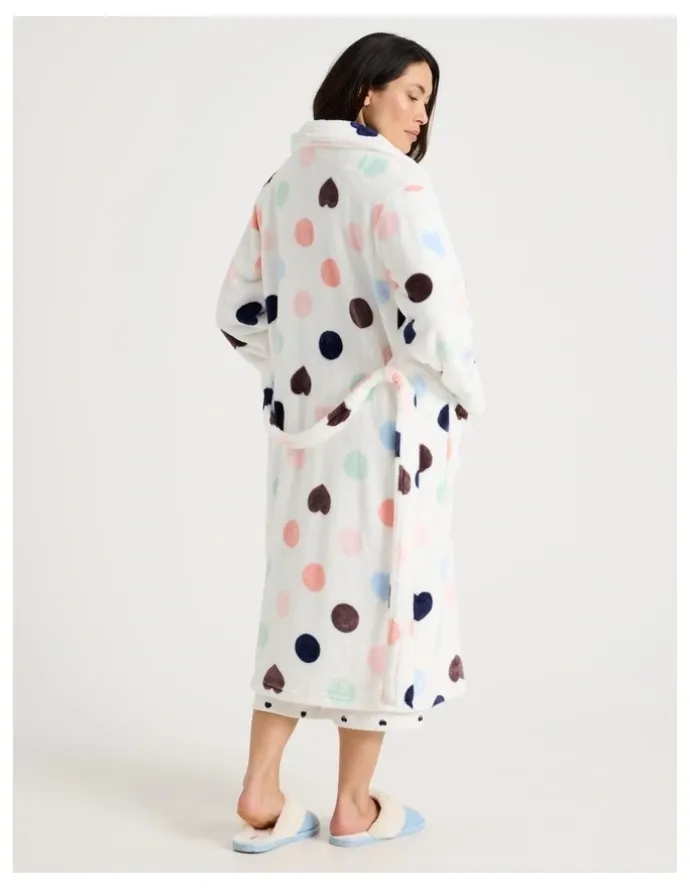 Soho Long Fleece Robe in White Spot Print