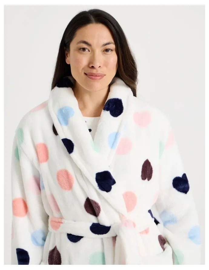 Soho Long Fleece Robe in White Spot Print