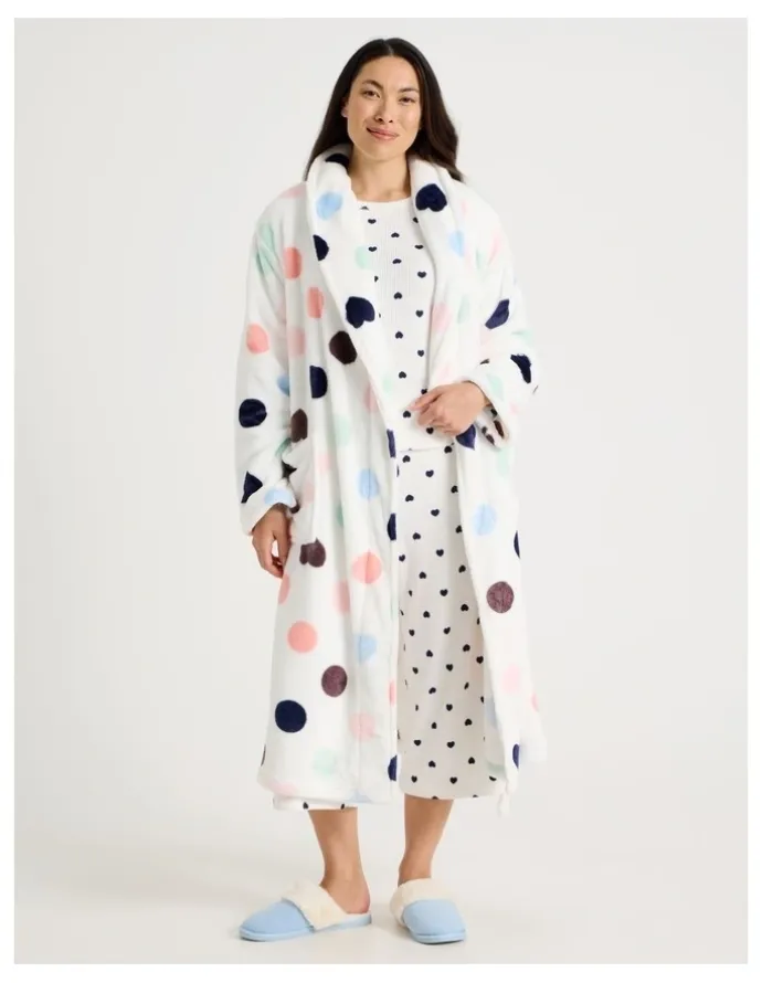 Soho Long Fleece Robe in White Spot Print