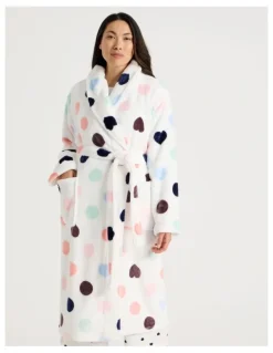 Soho Long Fleece Robe in White Spot Print