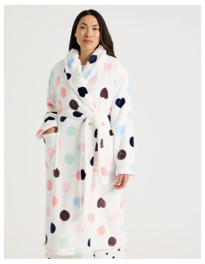 Soho Long Fleece Robe in White Spot Print