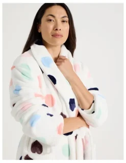 Soho Long Fleece Robe in White Spot Print