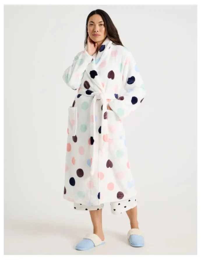 Soho Long Fleece Robe in White Spot Print
