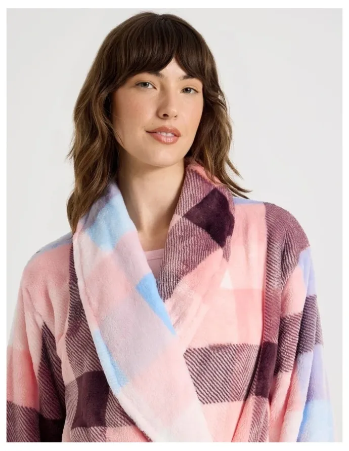 Soho Long Fleece Robe in Pink Check Print