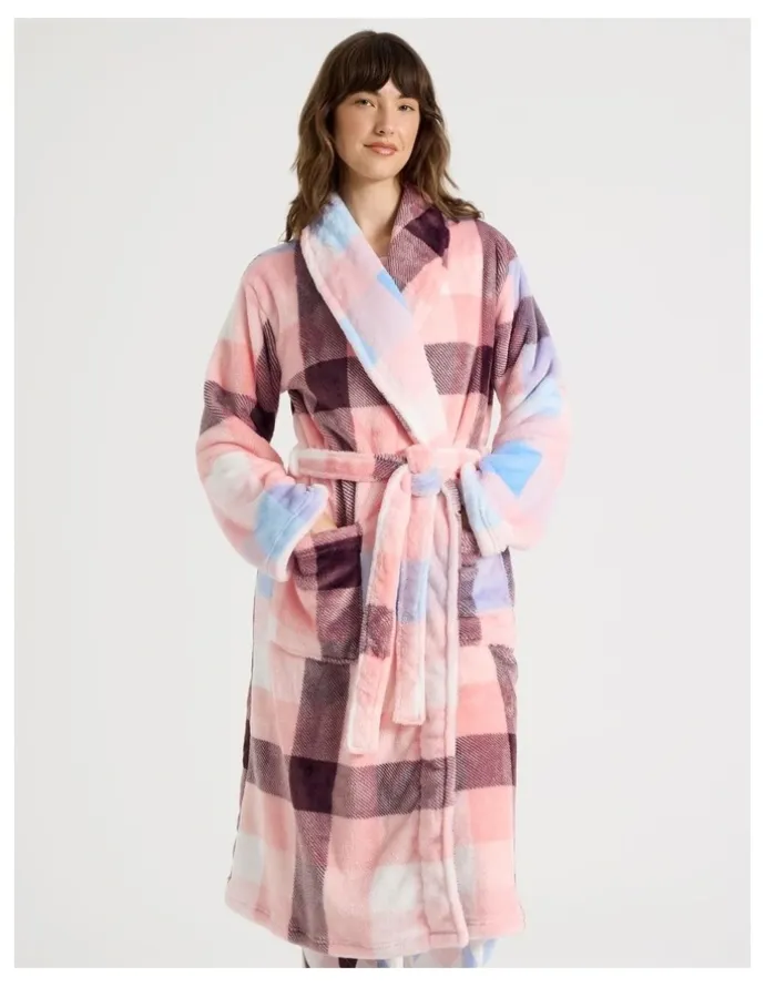 Soho Long Fleece Robe in Pink Check Print