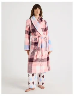 Soho Long Fleece Robe in Pink Check Print