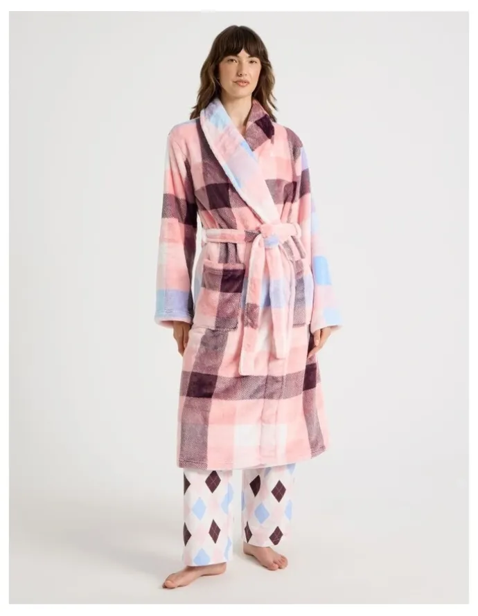 Soho Long Fleece Robe in Pink Check Print
