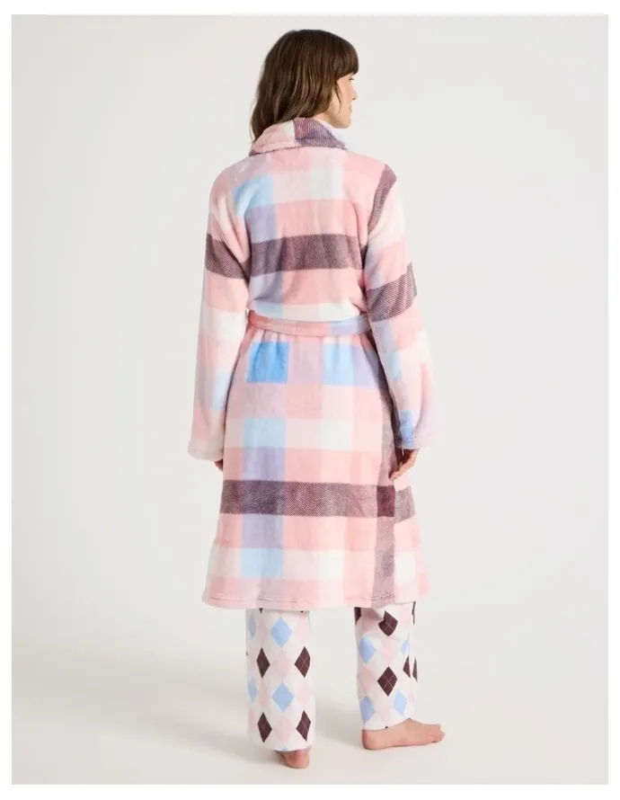 Soho Long Fleece Robe in Pink Check Print
