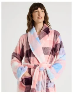 Soho Long Fleece Robe in Pink Check Print
