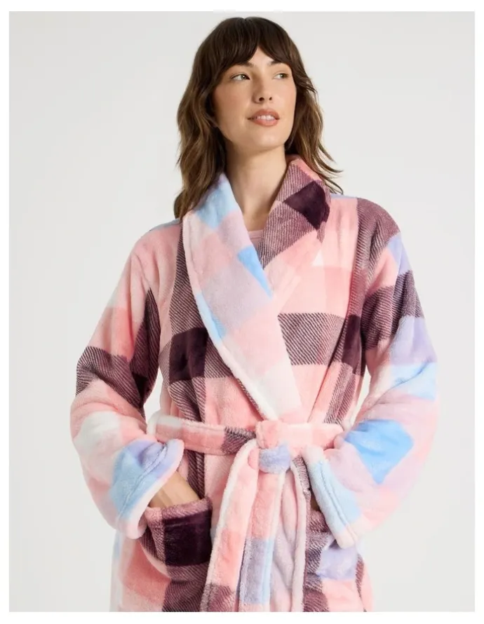 Soho Long Fleece Robe in Pink Check Print