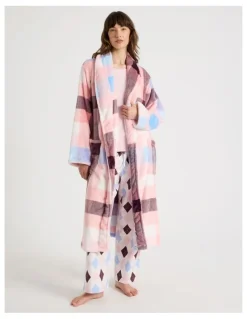Soho Long Fleece Robe in Pink Check Print