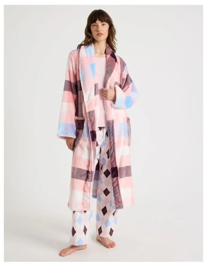 Soho Long Fleece Robe in Pink Check Print