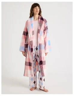 Soho Long Fleece Robe in Pink Check Print
