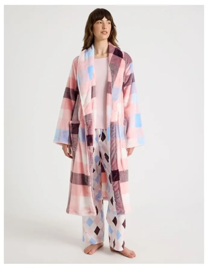 Soho Long Fleece Robe in Pink Check Print