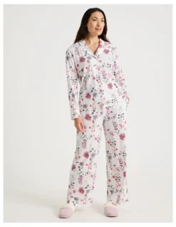 Soho Long Sleeve Button Up Pyjama Set in White Floral Print