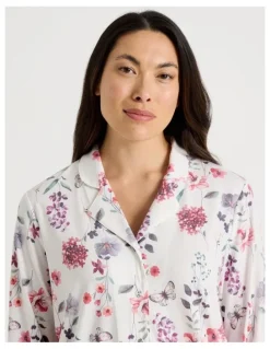 Soho Long Sleeve Button Up Pyjama Set in White Floral Print