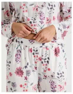 Soho Long Sleeve Button Up Pyjama Set in White Floral Print
