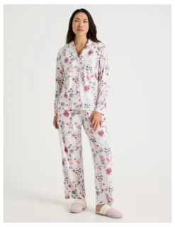Soho Long Sleeve Button Up Pyjama Set in White Floral Print
