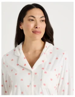 Soho Long Sleeve Fleece Button Up Pyjama Set in Ivory Heart Print