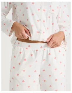 Soho Long Sleeve Fleece Button Up Pyjama Set in Ivory Heart Print