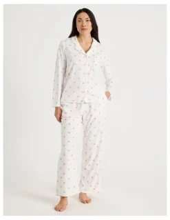 Soho Long Sleeve Fleece Button Up Pyjama Set in Ivory Heart Print