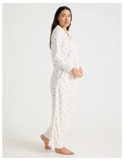 Soho Long Sleeve Fleece Button Up Pyjama Set in Ivory Heart Print