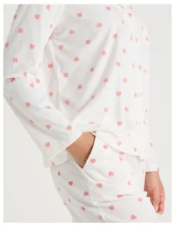Soho Long Sleeve Fleece Button Up Pyjama Set in Ivory Heart Print
