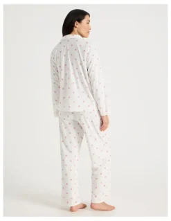 Soho Long Sleeve Fleece Button Up Pyjama Set in Ivory Heart Print