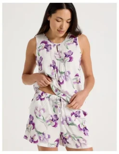 Soho Serene Woven Singlet & Short Pyjama Set in Iris Floral Print