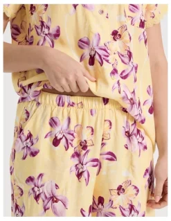 Soho Serene Woven Viscose Short Sleeve Long Pant Pyjama Set in Yellow Orchid Print